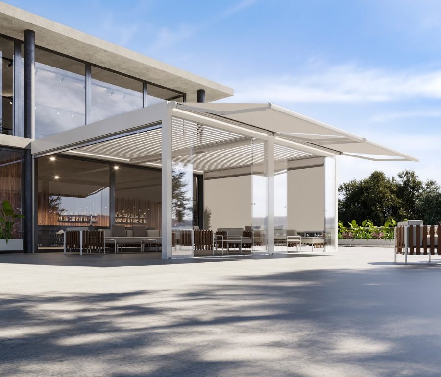 Toldo integrado en una pérgola